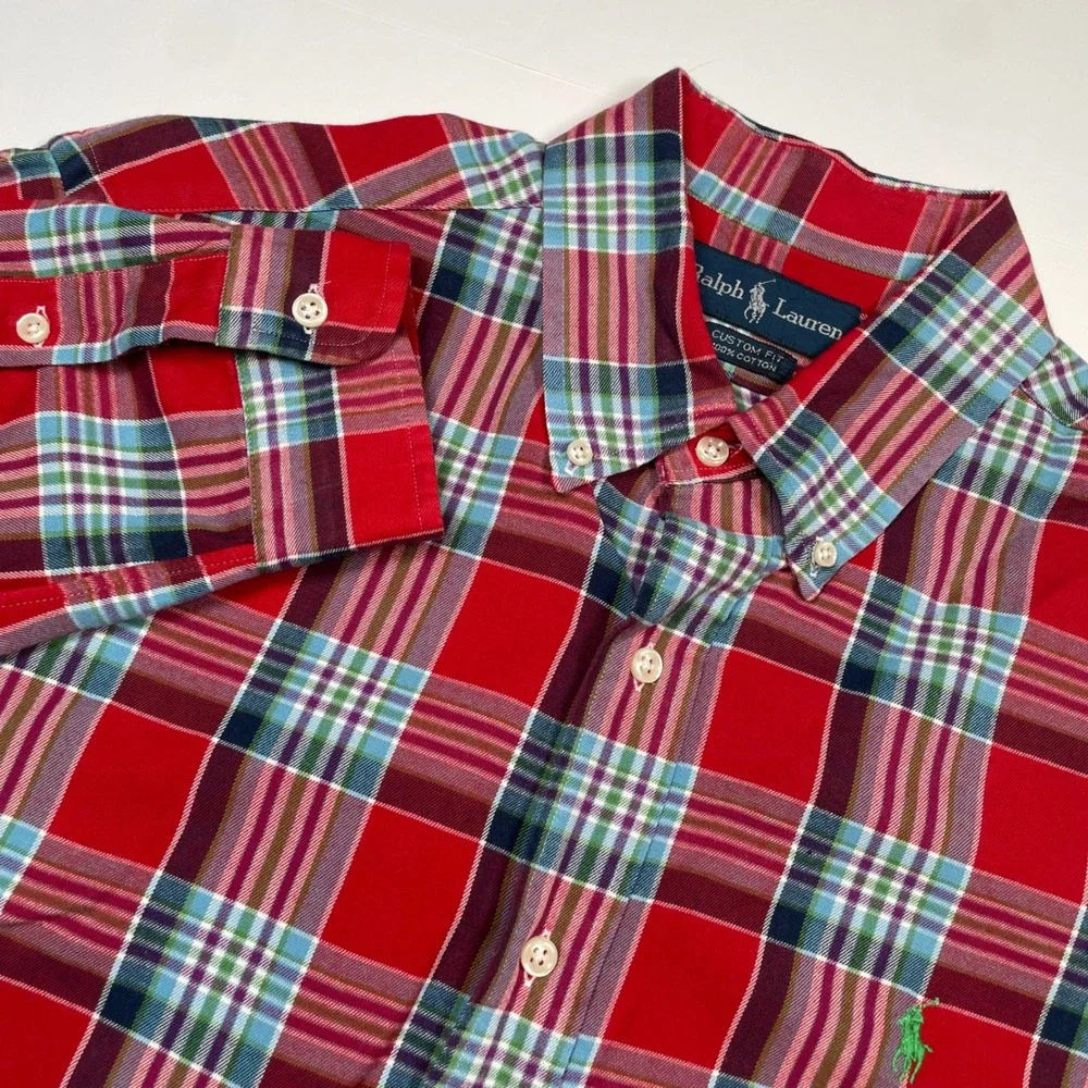 Polo Ralph Lauren Mens Custom Fit Plaid Button Down Shirt Red Blue Large